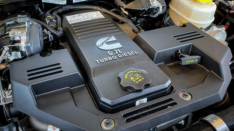 Cummins 6.7L engine in 2023 Ram 2500 with dataplate visible